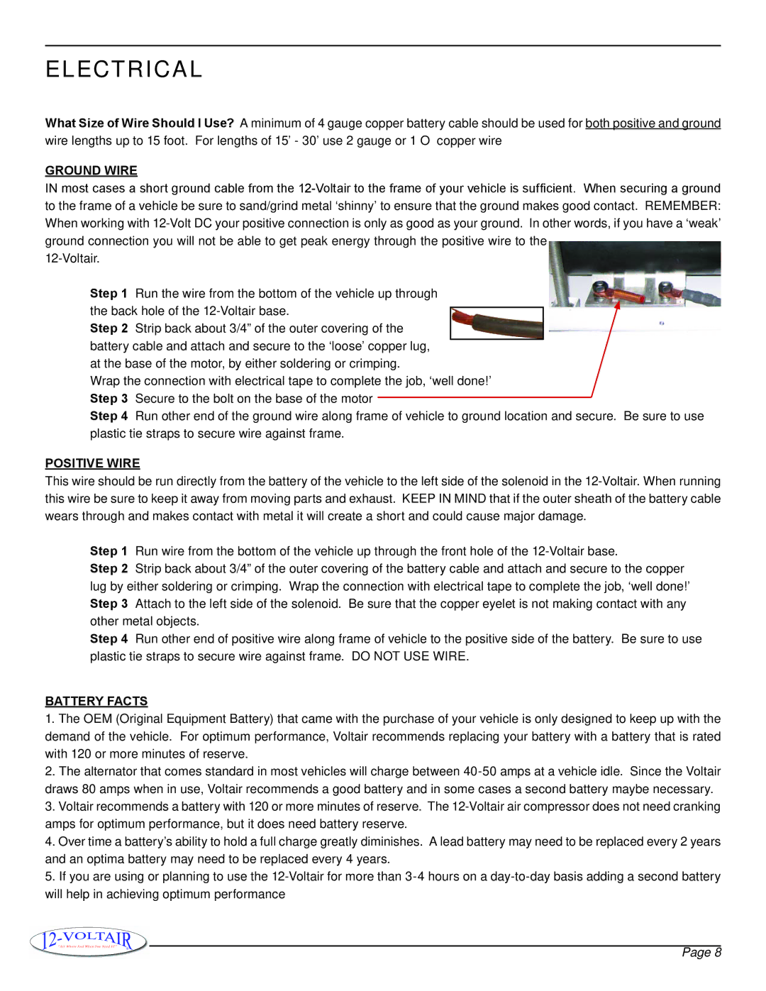 12Volt 12V6CF owner manual Electrica l, Ground Wire, Positive Wire 