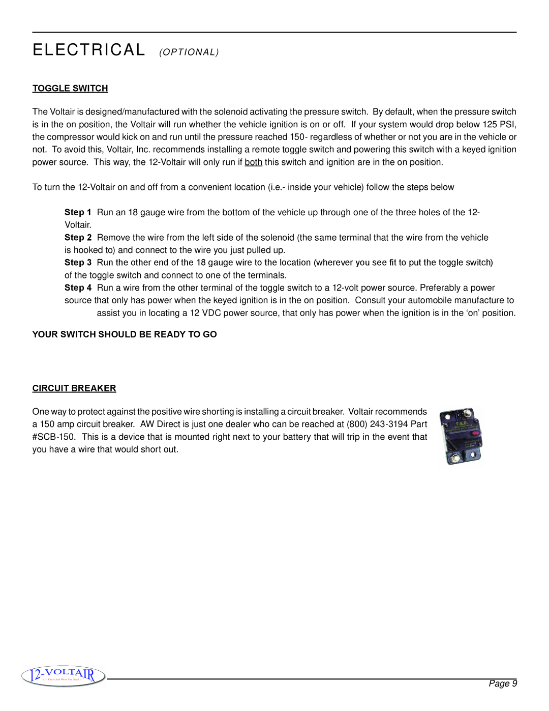 12Volt 12V6CF owner manual Electrica l optio nal, Toggle Switch, Your switch should be ready to go Circuit Breaker 