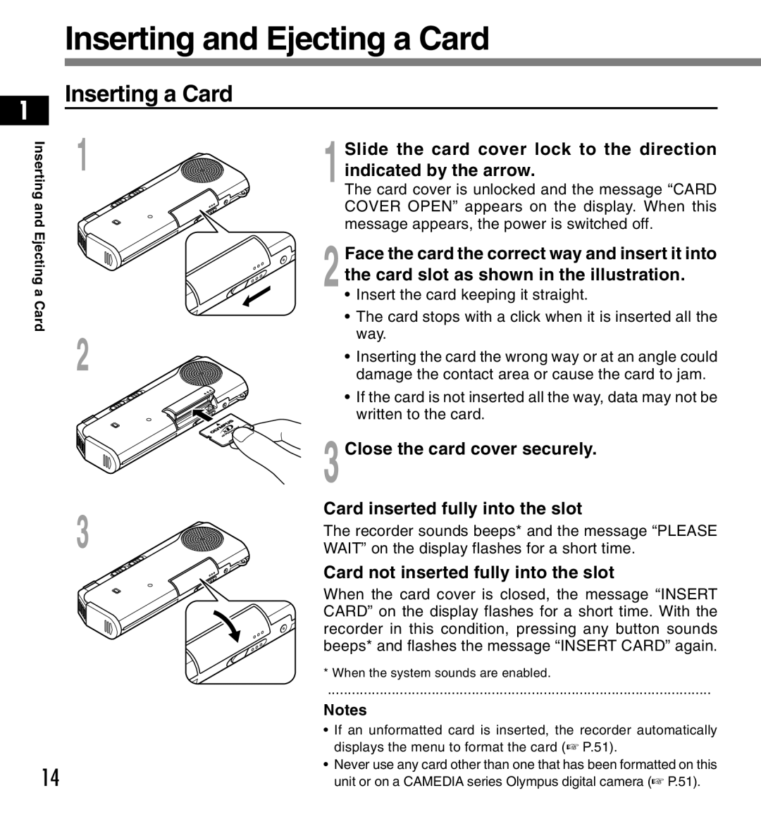 12Volt DS-2200 manual Inserting and Ejecting a Card, Inserting a Card, Card not inserted fully into the slot 