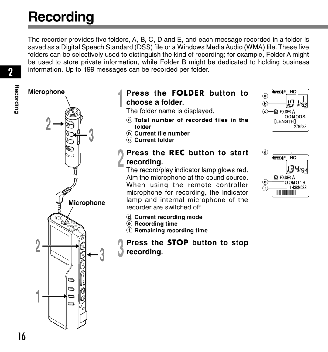 12Volt DS-2200 manual Recording, 1Press the Folder button to choose a folder, 2Press the REC button to start recording 