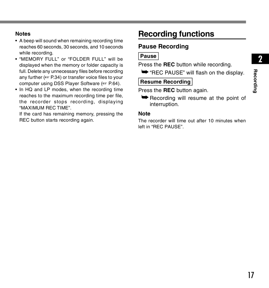 12Volt DS-2200 manual Recording functions, Pause Recording, Resume Recording 