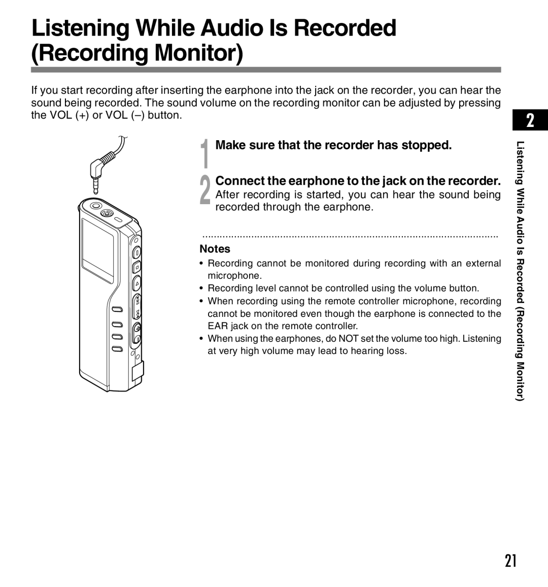 12Volt DS-2200 manual Listening While Audio Is Recorded Recording Monitor, Make sure that the recorder has stopped 