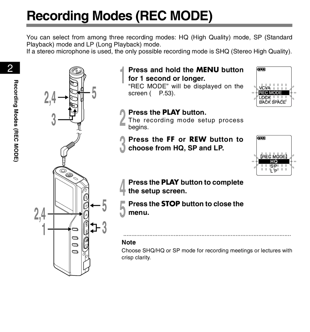 12Volt DS-2200 manual Recording Modes REC Mode, Press and hold the Menu button, For 1 second or longer, Screen P.53 