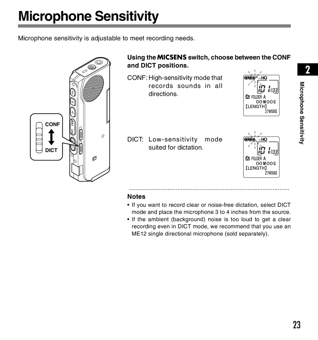 12Volt DS-2200 manual Microphone Sensitivity, Suited for dictation 