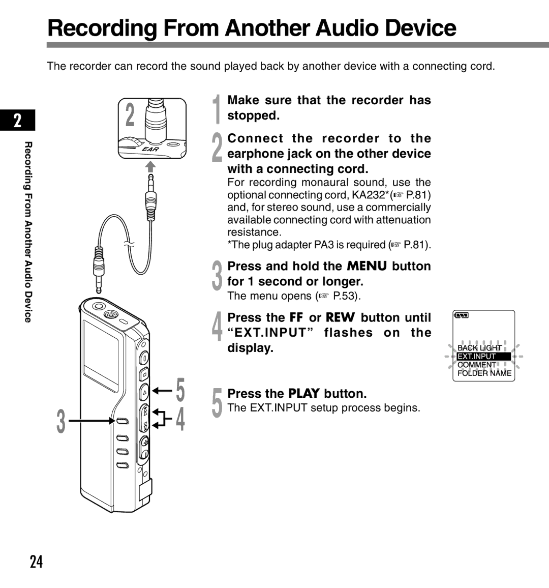 12Volt DS-2200 manual Recording From Another Audio Device, Press and hold the Menu button for 1 second or longer 