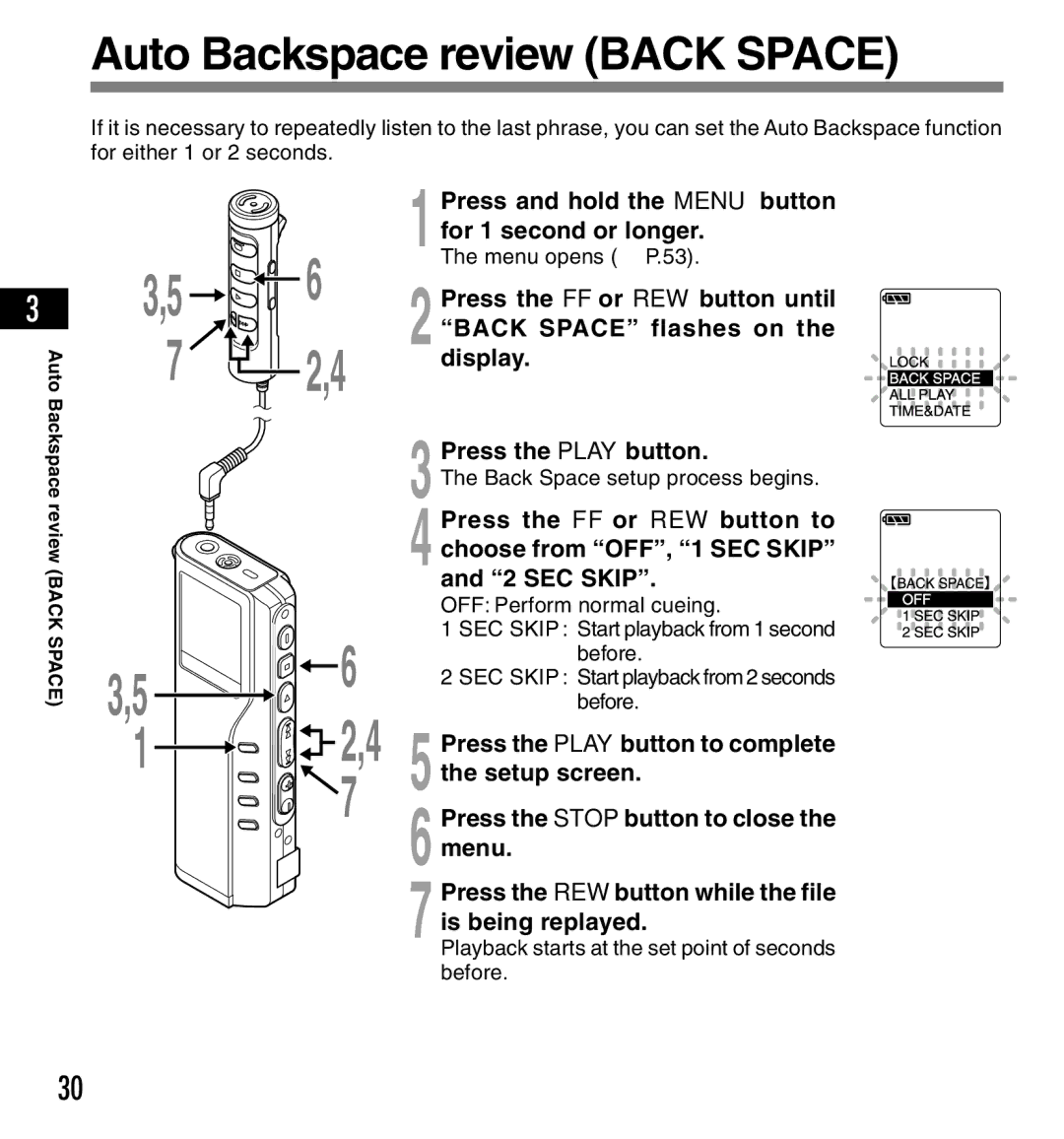 12Volt DS-2200 manual Auto Backspace review Back Space, Back Space flashes on, SEC Skip 