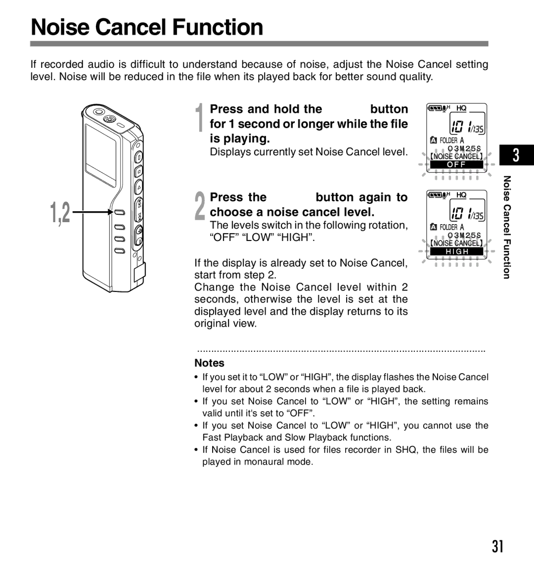 12Volt DS-2200 manual Noise Cancel Function, Press the Menu button again to choose a noise cancel level 