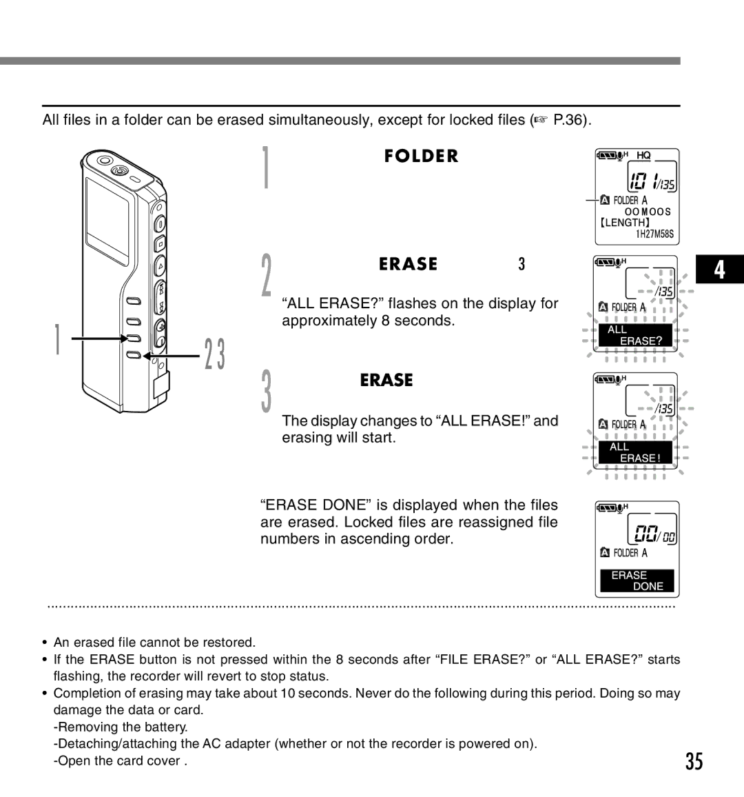 12Volt DS-2200 Erase All Files from a Folder, Press the Erase button for, Seconds or longer, When ALL ERASE? is flashing 