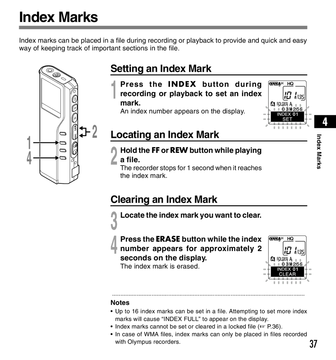 12Volt DS-2200 manual Index Marks, Setting an Index Mark, Locating an Index Mark, Clearing an Index Mark 