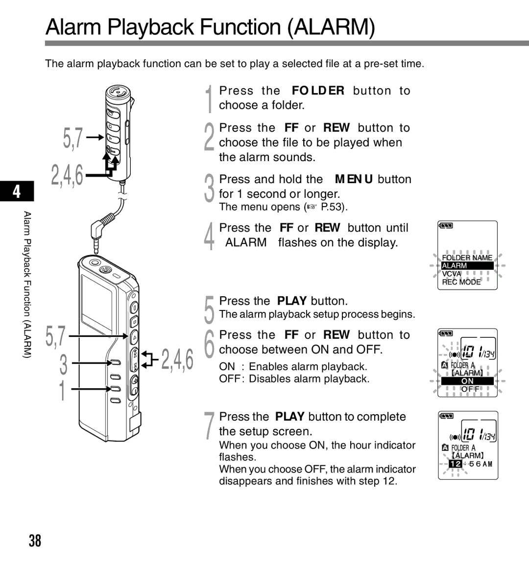 12Volt DS-2200 manual Alarm Playback Function Alarm, Alarm sounds, Choose between on and OFF 