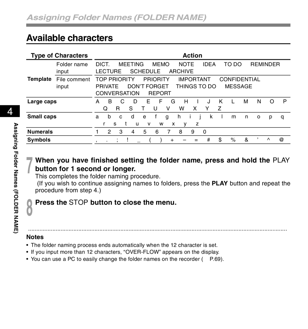 12Volt DS-2200 manual Available characters, Type of Characters Action 