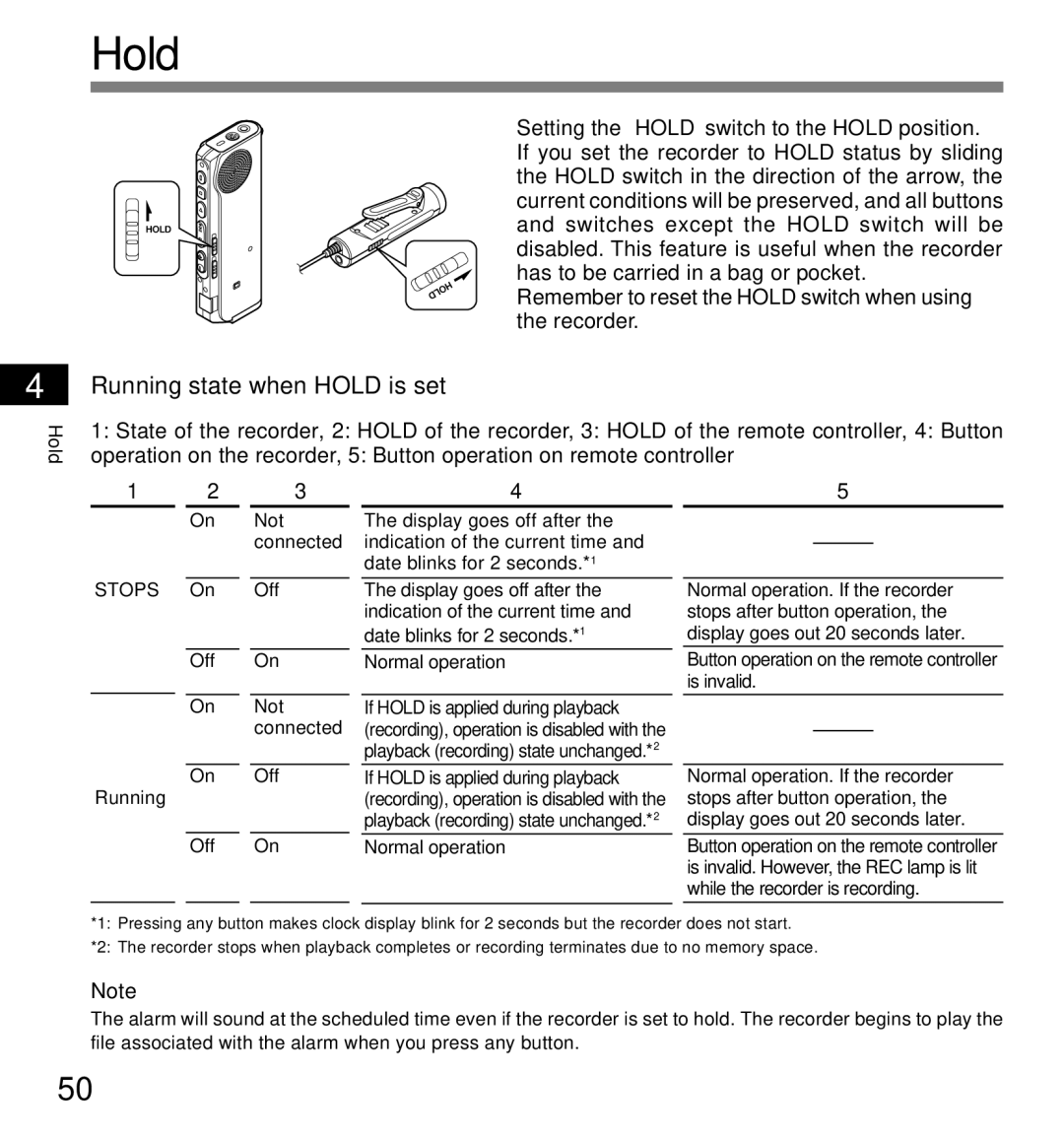 12Volt DS-2200 manual Running state when Hold is set, Remember to reset the Hold switch when using the recorder 