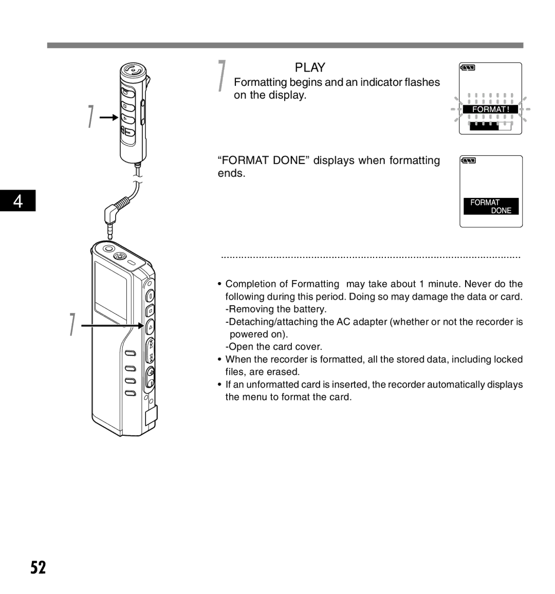 12Volt DS-2200 manual Formatting the Card Format, Press the Play button again 