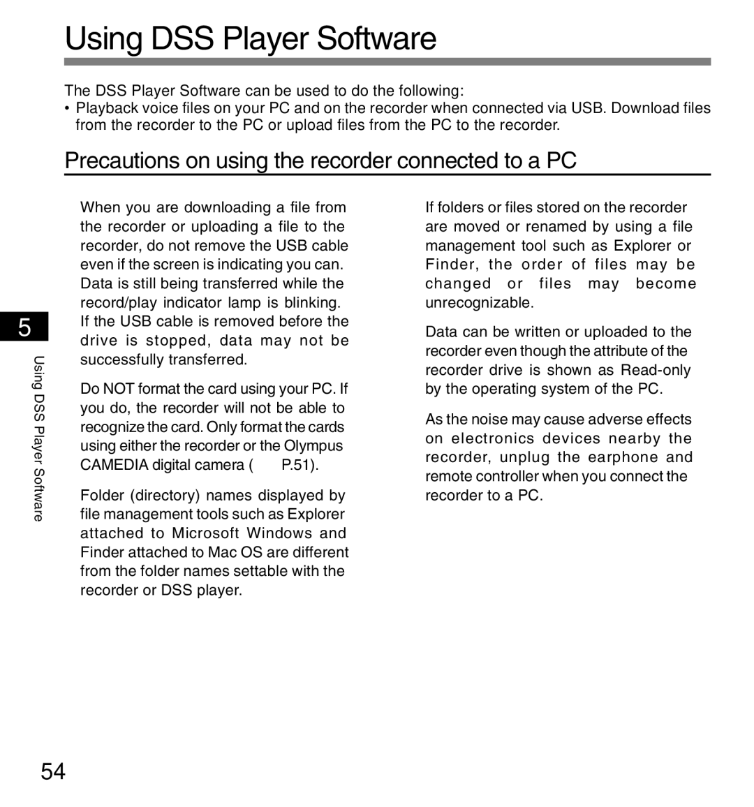 12Volt DS-2200 manual Using DSS Player Software, Precautions on using the recorder connected to a PC 