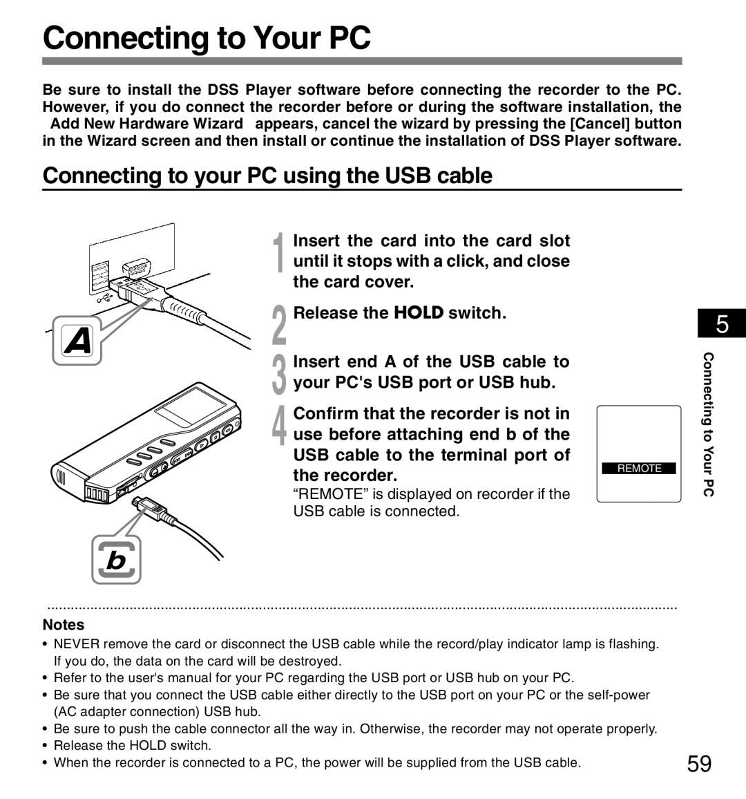 12Volt DS-2200 manual Connecting to Your PC, Connecting to your PC using the USB cable, Recorder 