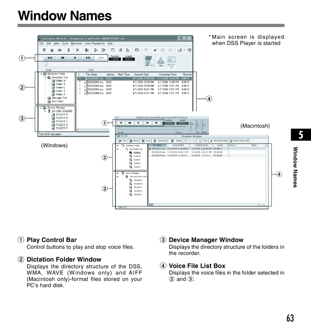 12Volt DS-2200 manual Window Names, Play Control Bar, Dictation Folder Window, Device Manager Window, Voice File List Box 