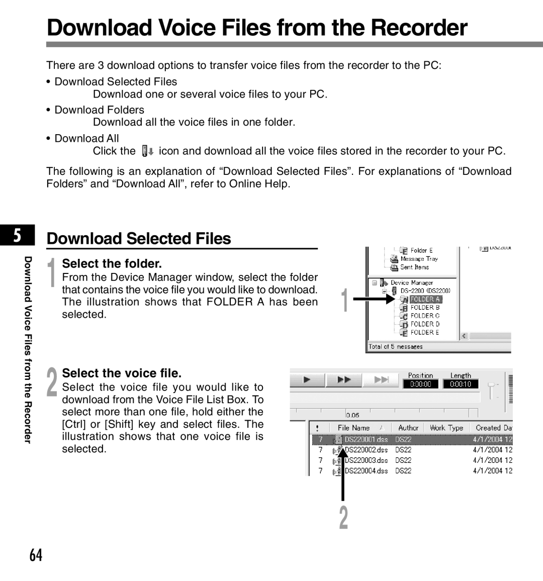 12Volt DS-2200 Download Voice Files from the Recorder, Download Selected Files, Select the folder, Select the voice file 