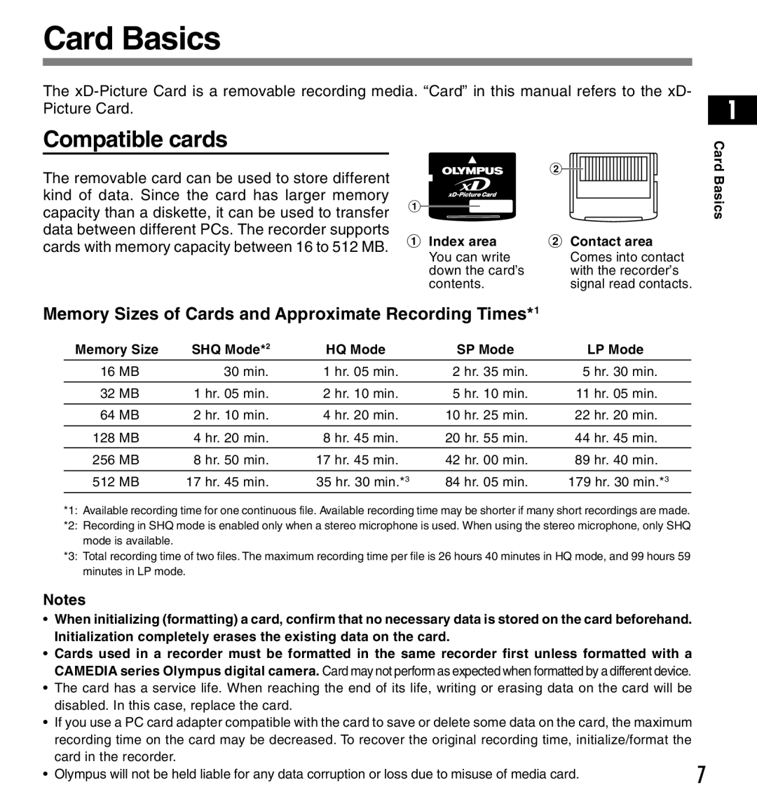 12Volt DS-2200 manual Card Basics, Compatible cards, Memory Sizes of Cards and Approximate Recording Times*1 