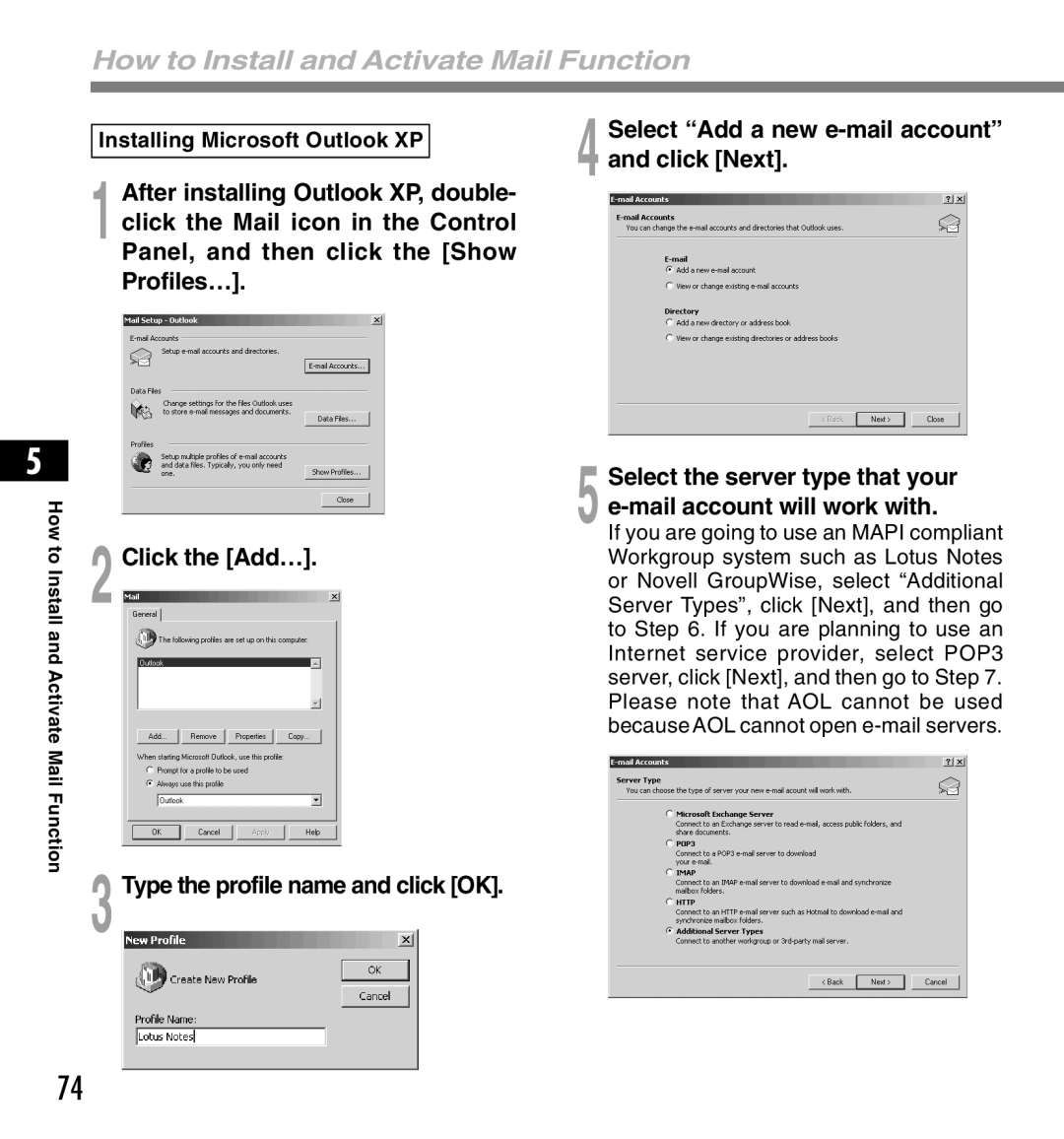 12Volt DS-2200 manual Type the profile name and click OK, Installing Microsoft Outlook XP 