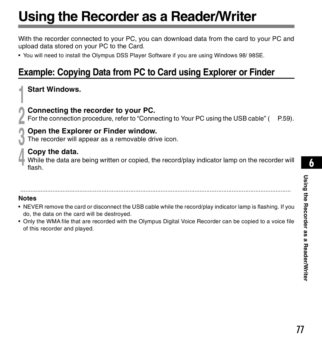 12Volt DS-2200 Using the Recorder as a Reader/Writer, Start Windows Connecting the recorder to your PC, Copy the data 