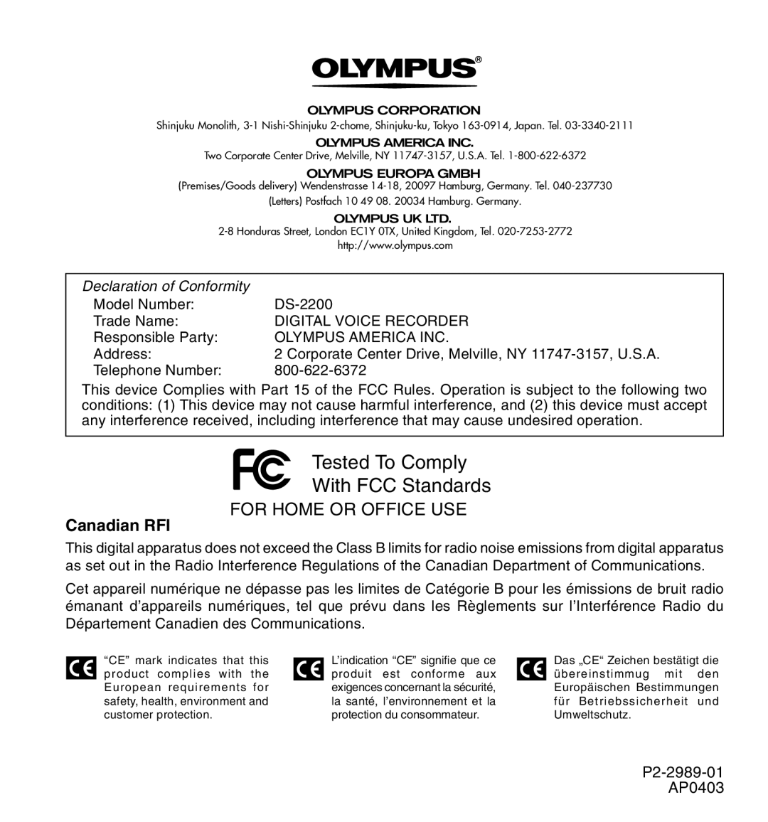 12Volt DS-2200 manual Canadian RFI, Olympus America INC 