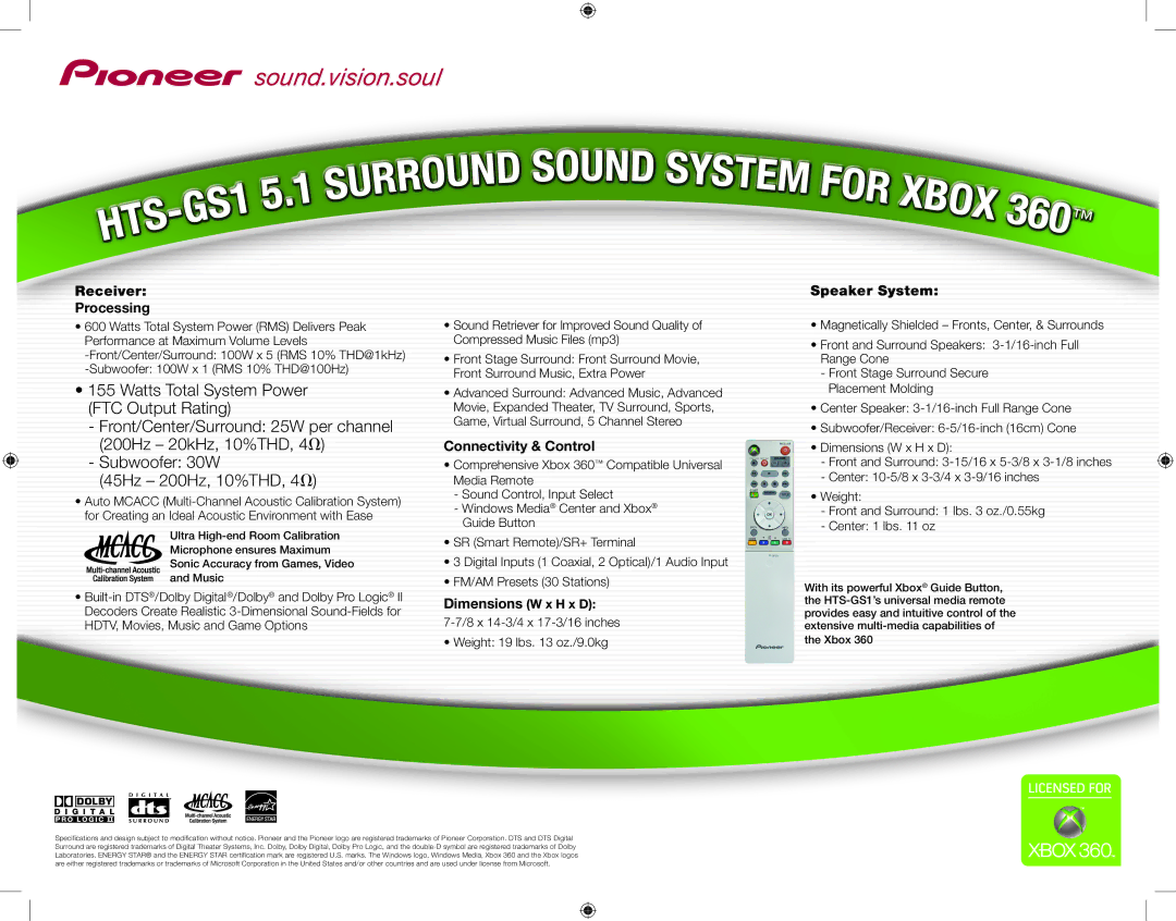 2JANE HTS-GS1 manual Receiver Processing, Connectivity & Control, Speaker System 