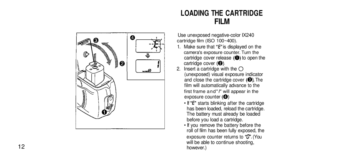 2JANE I100AF manual Loading the Cartridge, Film 