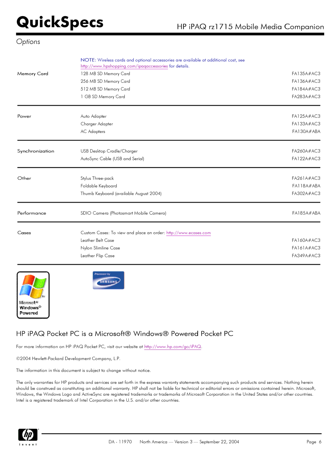 2JANE rz1715 manual Options, HP iPAQ Pocket PC is a Microsoft Windows Powered Pocket PC 