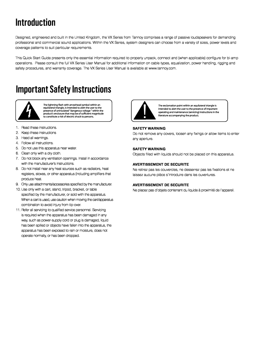 2JANE VX Series manual Introduction, Important Safety Instructions, Safety Warning, Avertissement De Securite 