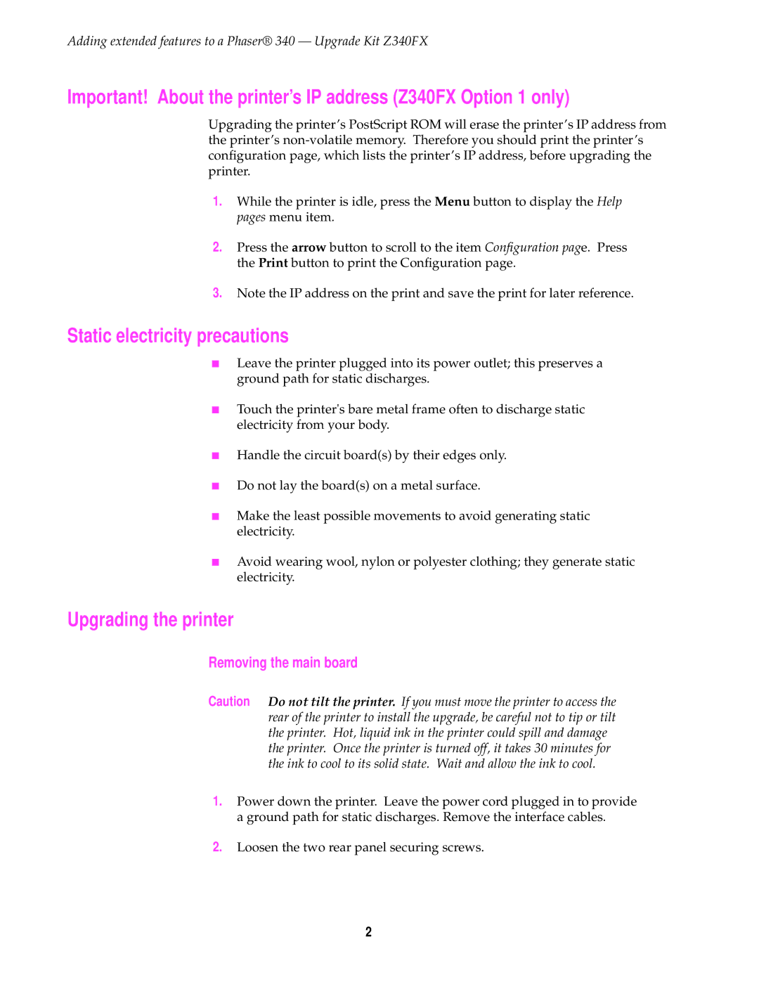 2JANE Z340FX manual Static electricity precautions, Upgrading the printer, Removing the main board 