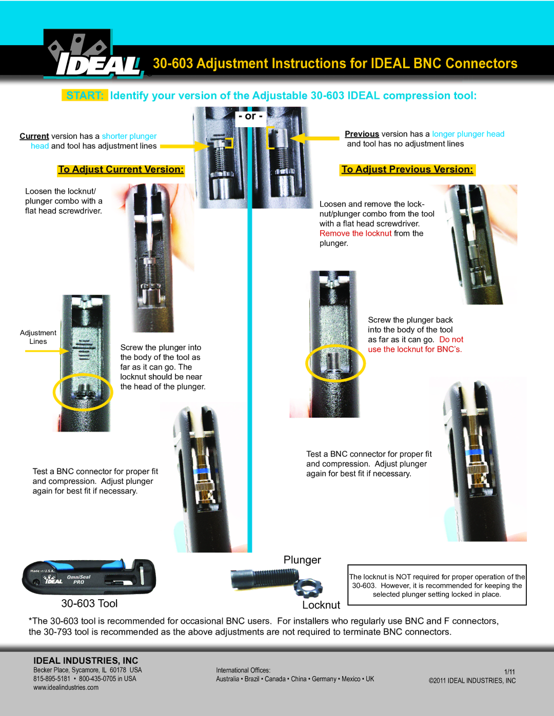 2nd Ave 30-603 Tool manual Adjustment Instructions for Ideal BNC Connectors, Plunger Tool Locknut, Ideal INDUSTRIES, INC 