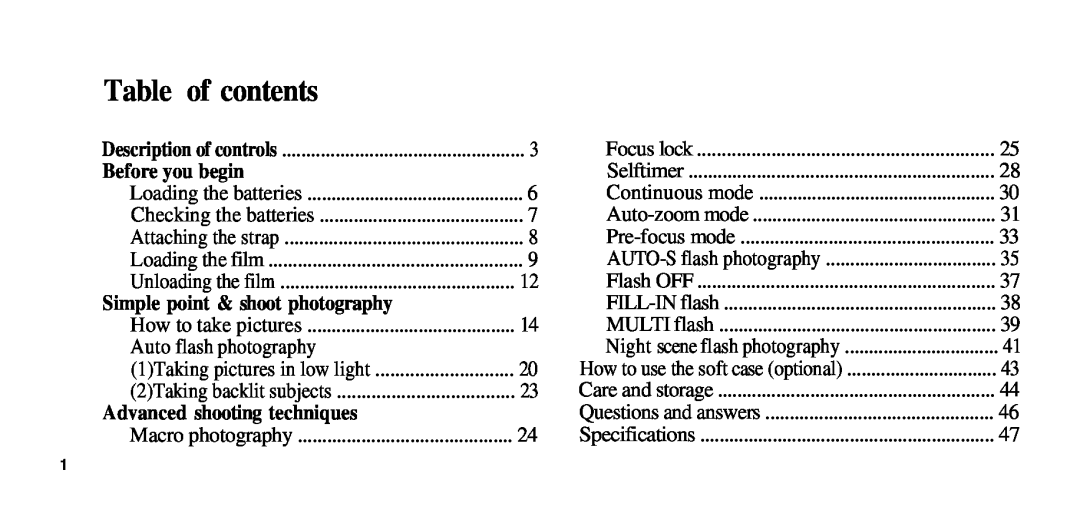 2nd Ave 76 manual Table of contents, Before you begin, Simple point & shoot photography, Auto flash photography 