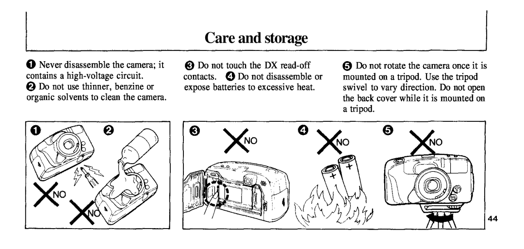 2nd Ave 76 Care and storage, Never disassemble the camera it contains a high-voltage circuit, Do not touch the DX read-off 