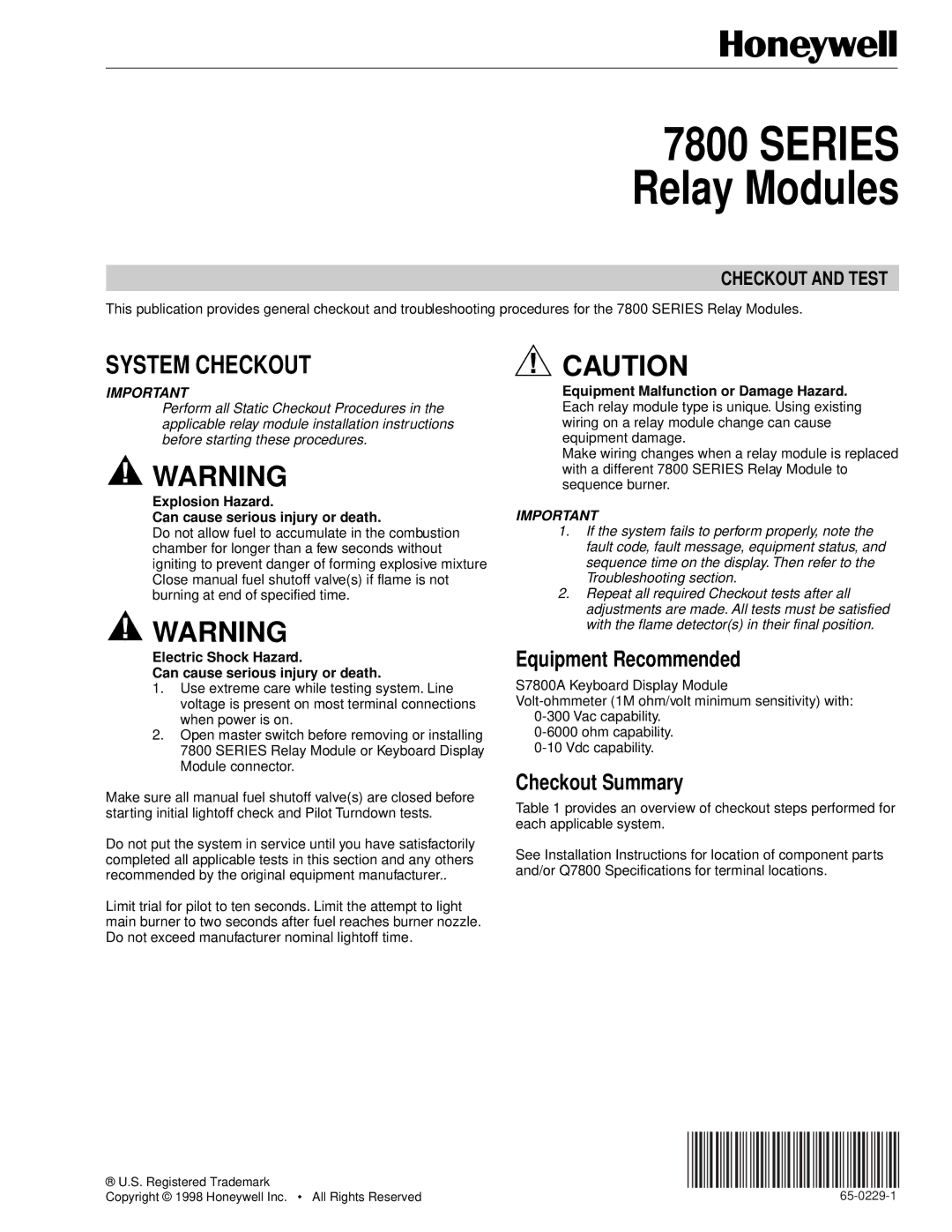 2nd Ave 7800 Series installation instructions System Checkout, Equipment Recommended, Checkout Summary 