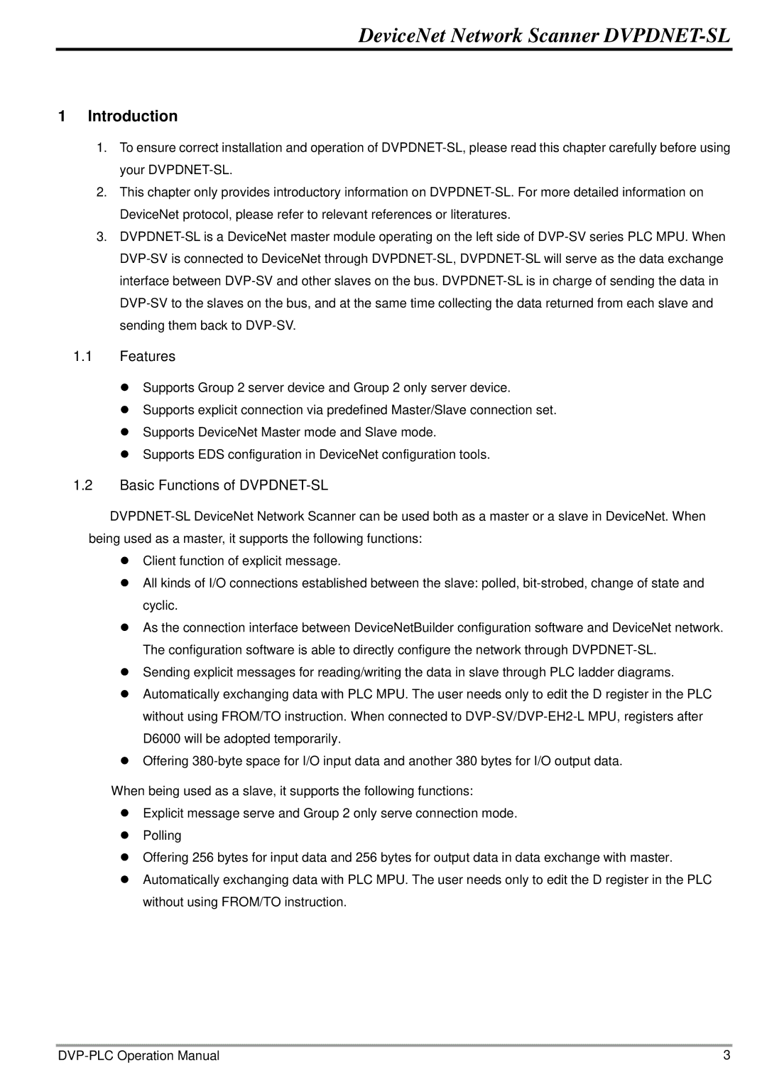 2nd Ave DVP-0204520-02 operation manual Introduction, Features, Basic Functions of DVPDNET-SL 