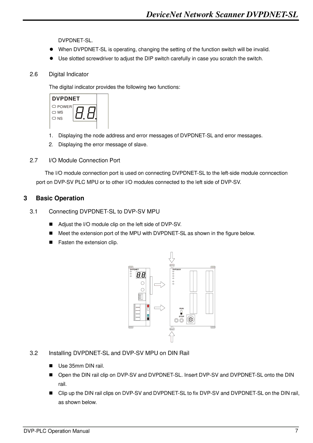 2nd Ave DVP-0204520-02 Basic Operation, Digital Indicator, I/O Module Connection Port, Connecting DVPDNET-SL to DVP-SV MPU 