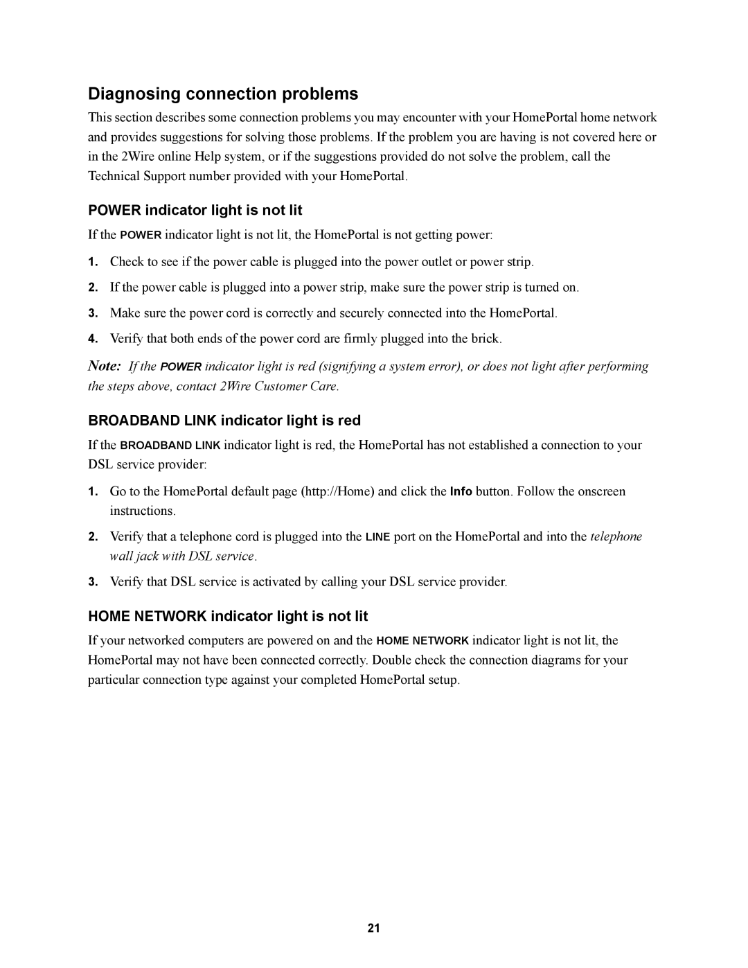 2Wire 1000SW manual Diagnosing connection problems, Power indicator light is not lit, Broadband Link indicator light is red 
