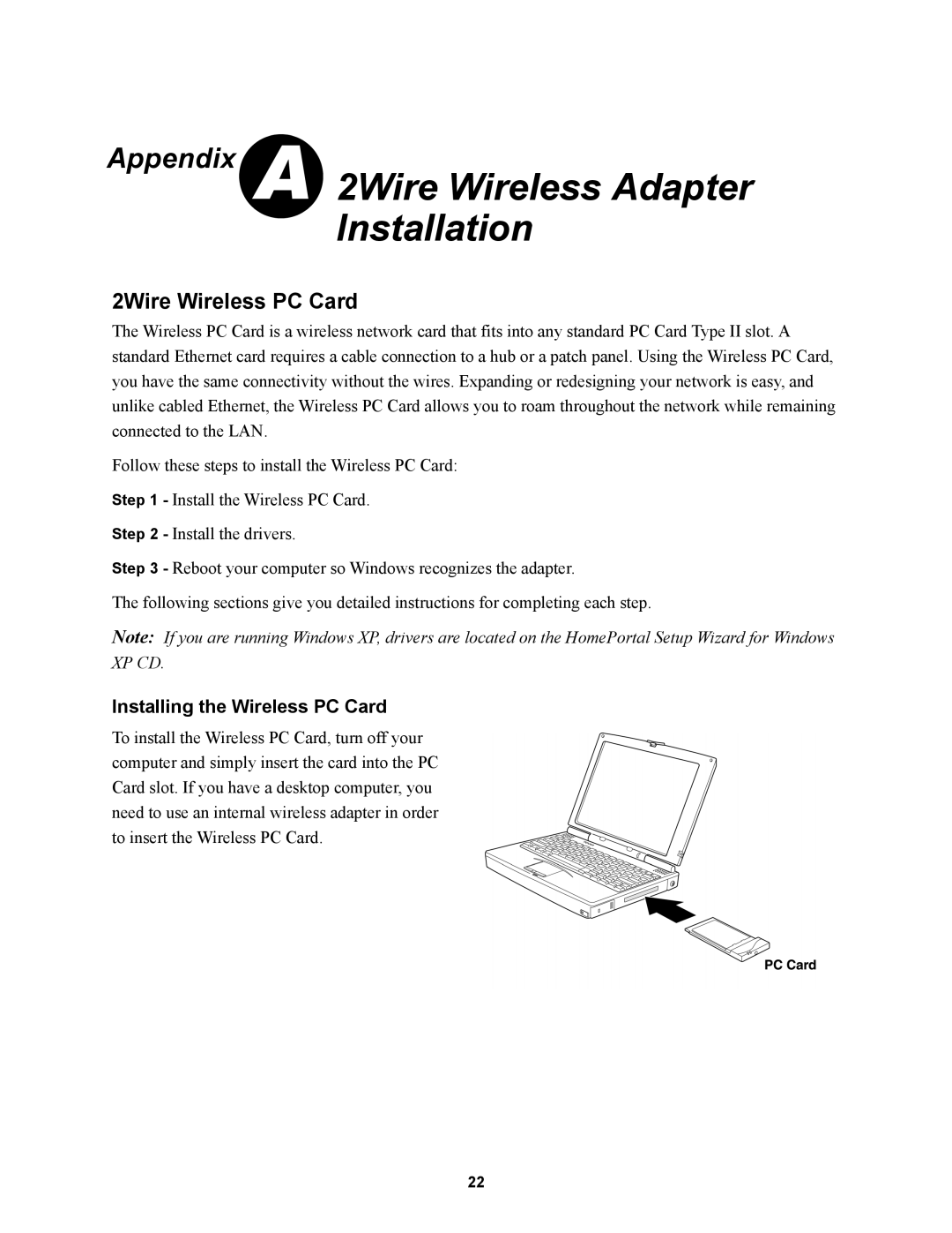 2Wire 1000SW manual 2Wire Wireless Adapter Installation, 2Wire Wireless PC Card, Installing the Wireless PC Card 