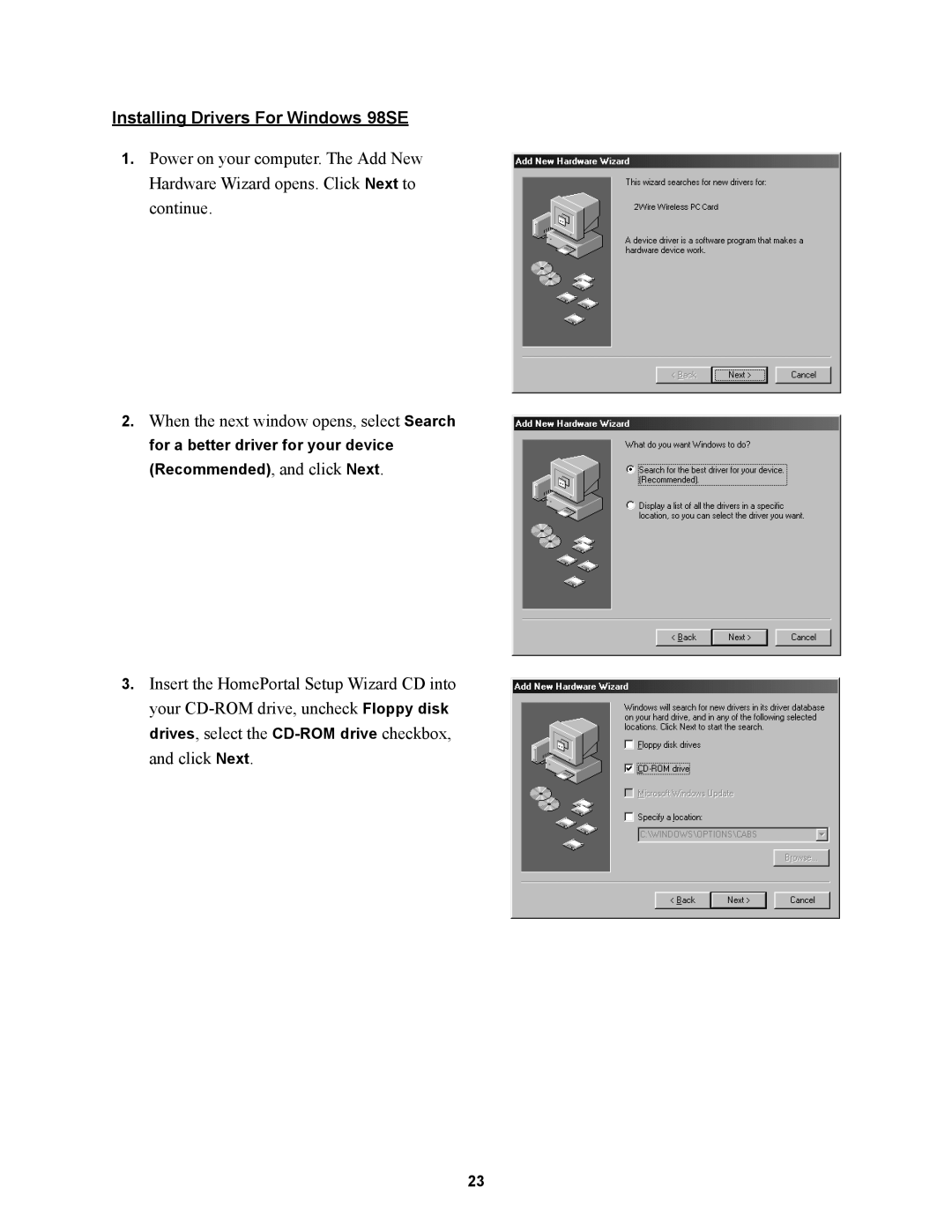 2Wire 1000SW manual Installing Drivers For Windows 98SE 