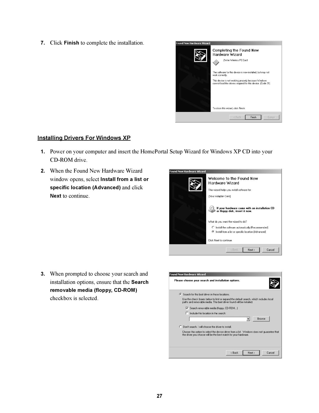 2Wire 1000SW manual Installing Drivers For Windows XP 