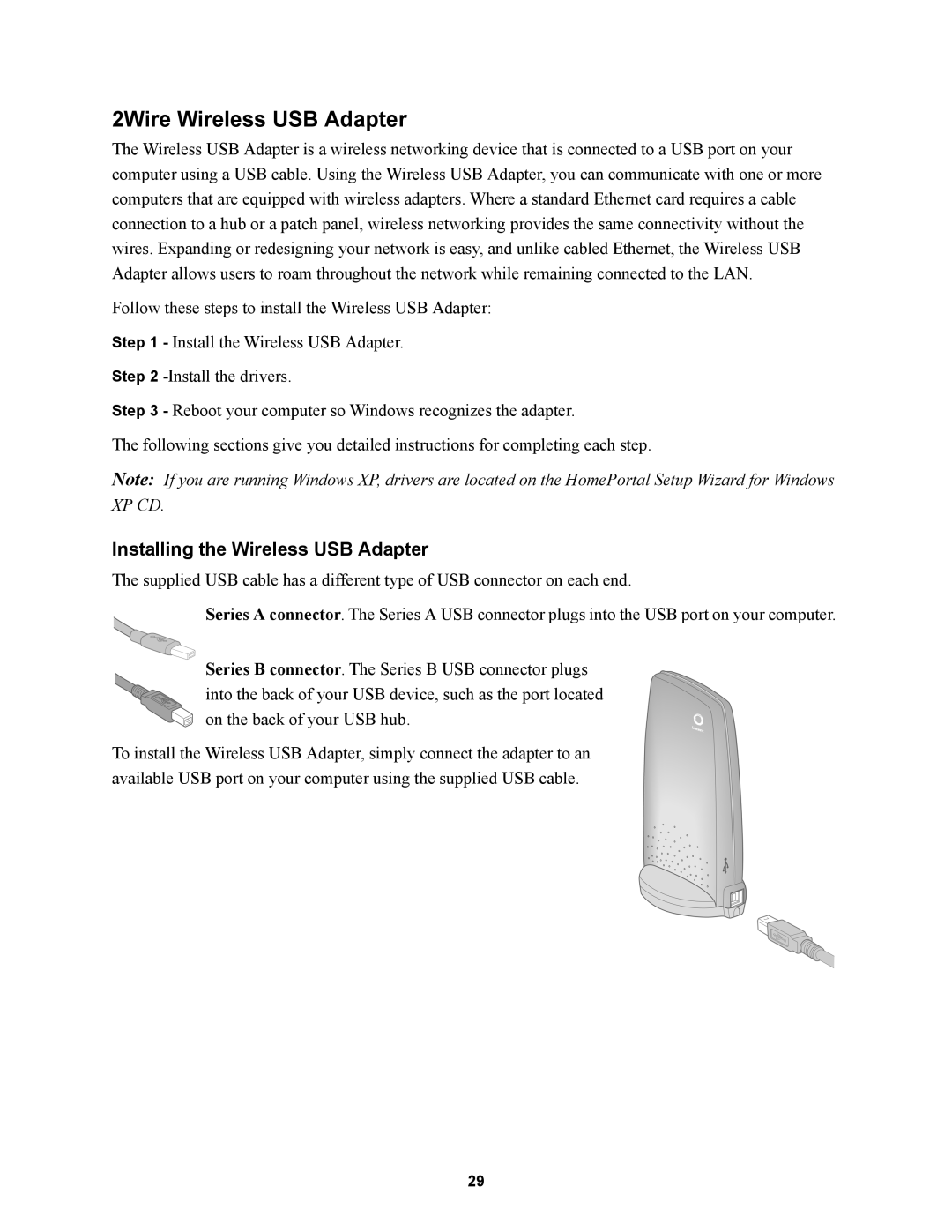 2Wire 1000SW manual 2Wire Wireless USB Adapter, Installing the Wireless USB Adapter 