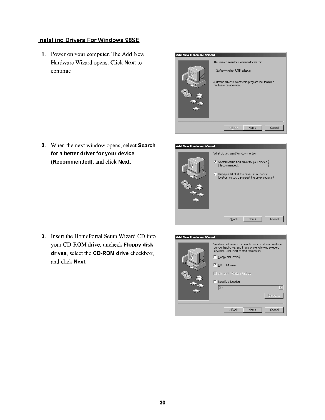 2Wire 1000SW manual Installing Drivers For Windows 98SE 