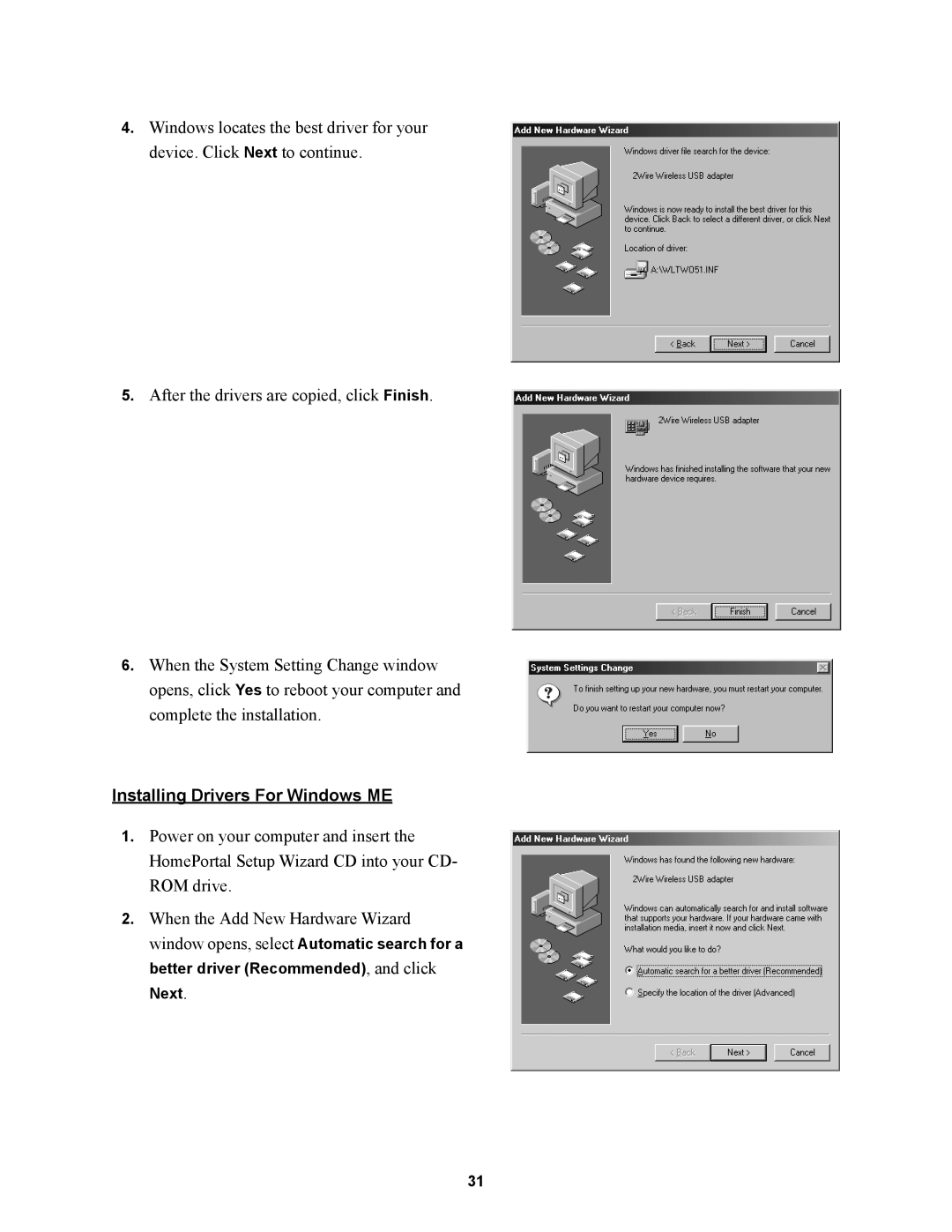 2Wire 1000SW manual Installing Drivers For Windows ME 