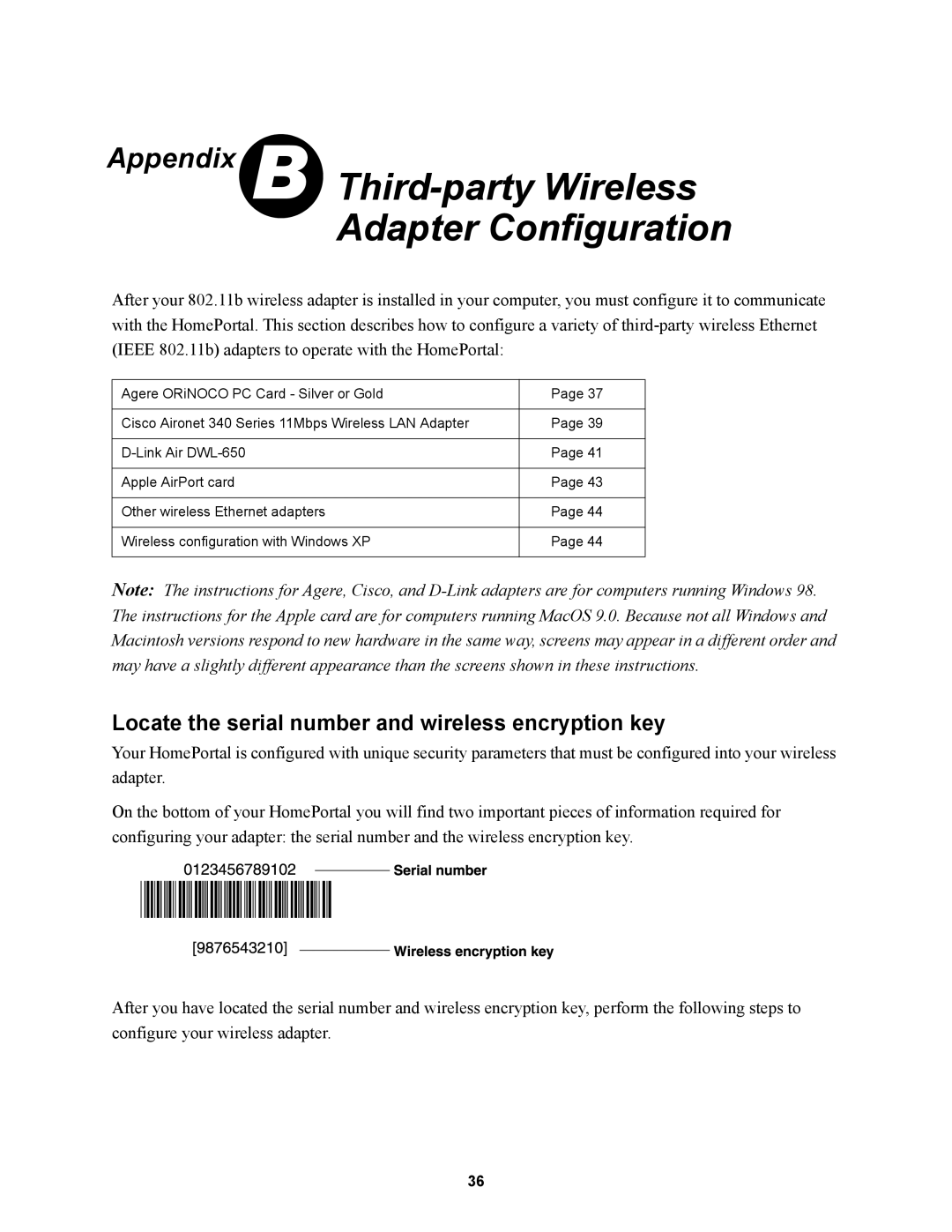 2Wire 1000SW manual Third-party Wireless Adapter Configuration, Locate the serial number and wireless encryption key 