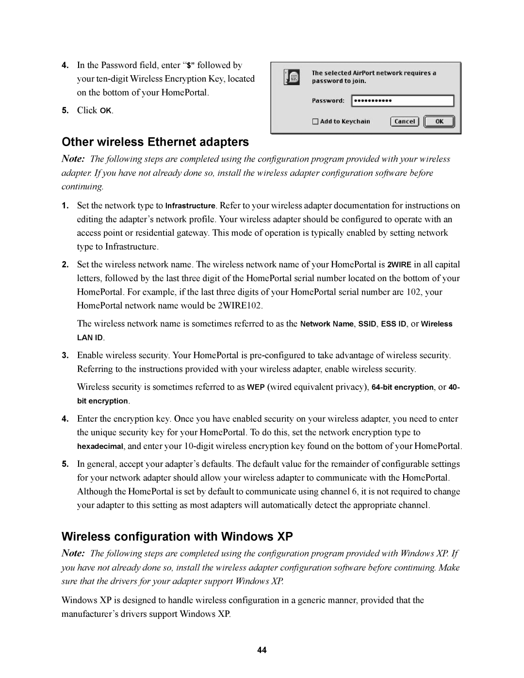 2Wire 1000SW manual Other wireless Ethernet adapters, Wireless configuration with Windows XP 