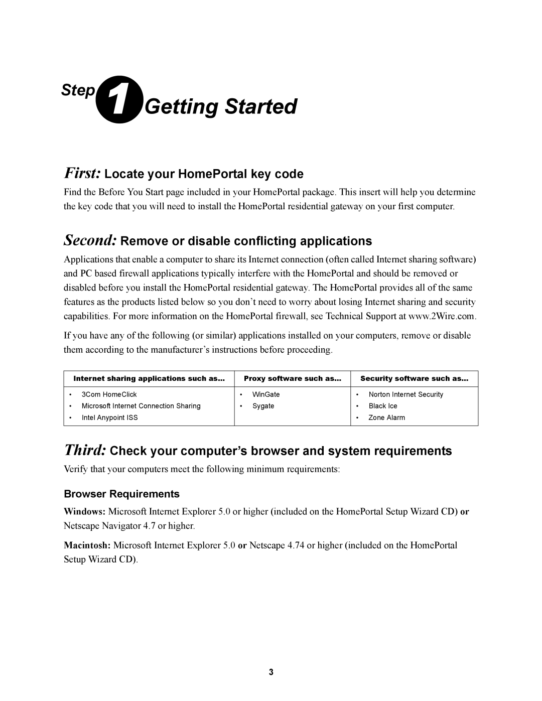 2Wire 1000SW Getting Started, First Locate your HomePortal key code, Second Remove or disable conflicting applications 