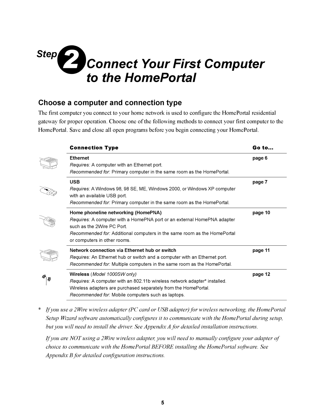 2Wire 1000SW manual Connect Your First Computer to the HomePortal, Choose a computer and connection type 