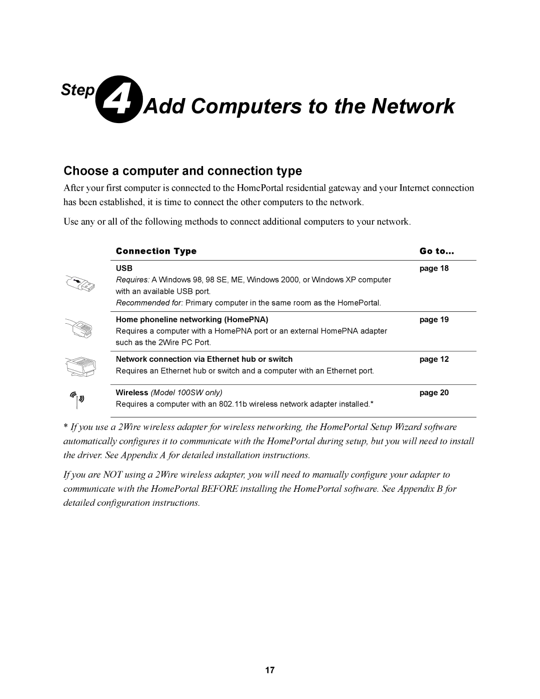 2Wire 100SW manual Add Computers to the Network, Choose a computer and connection type 