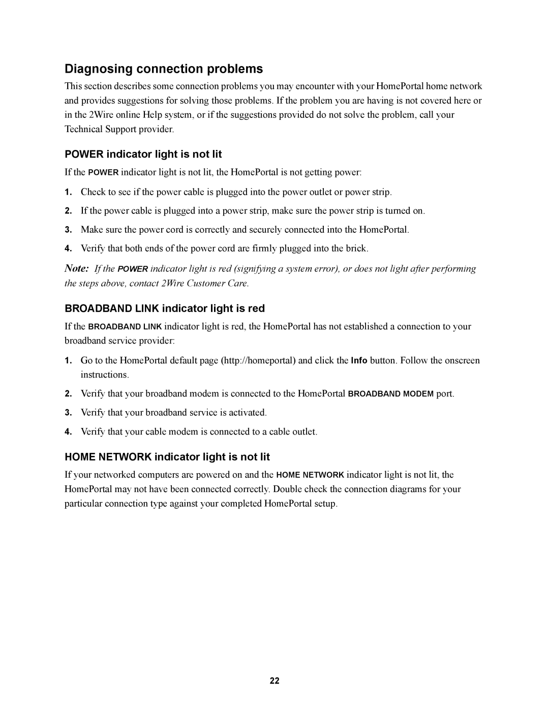 2Wire 100SW manual Diagnosing connection problems, Power indicator light is not lit, Broadband Link indicator light is red 