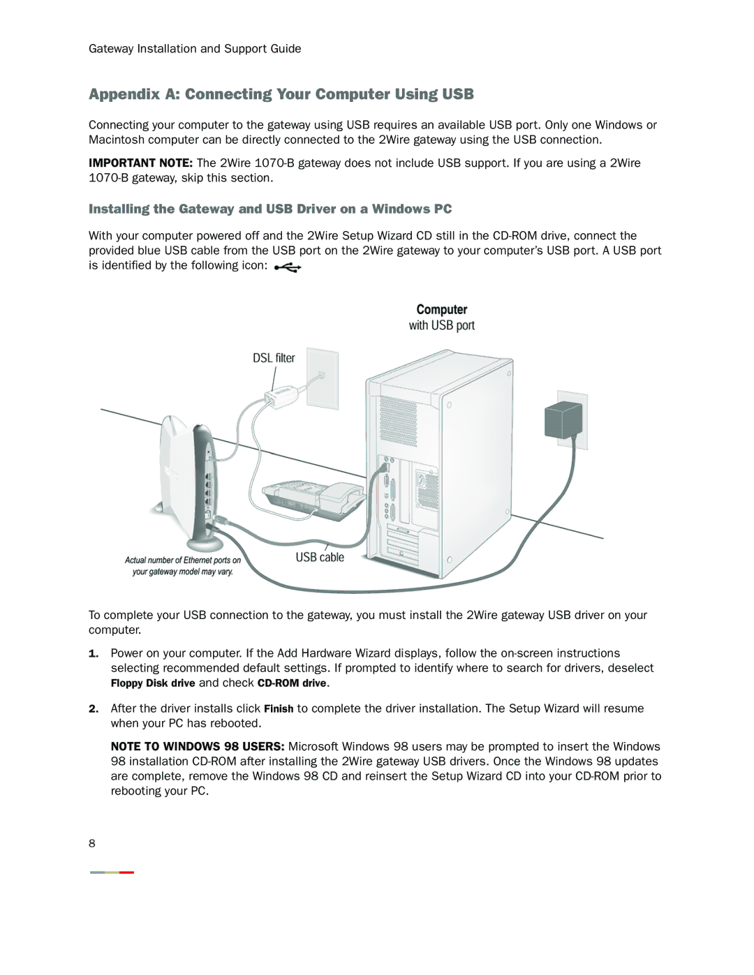 2Wire 1701HG, 1800HG Appendix a Connecting Your Computer Using USB, Installing the Gateway and USB Driver on a Windows PC 